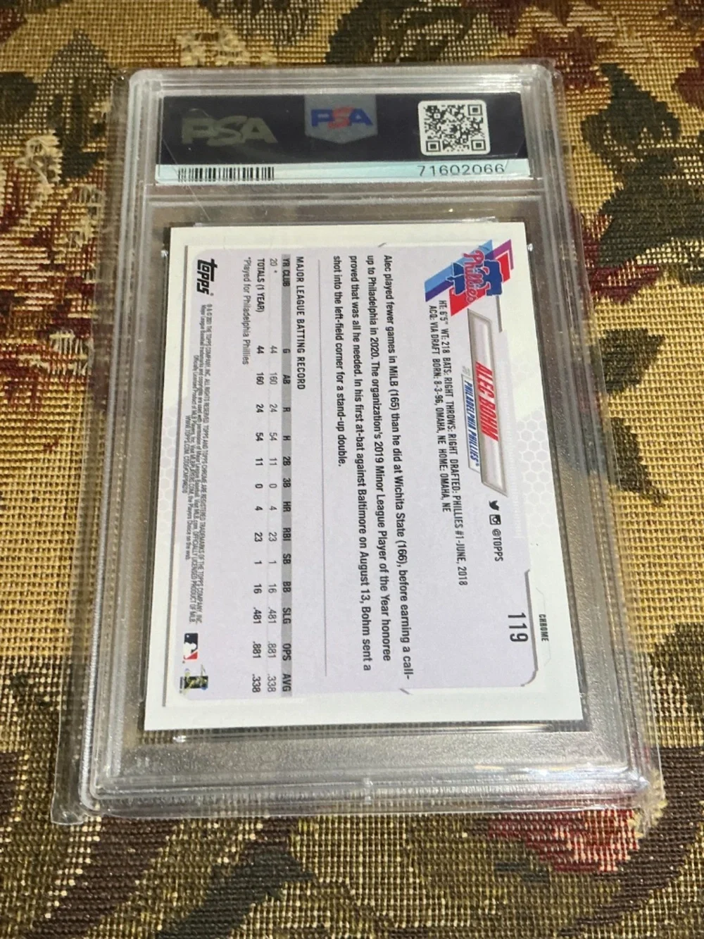 2021 Topps Chrome Baseball Alec Bohm #119 Graded PSA 10 MLB Rookie card